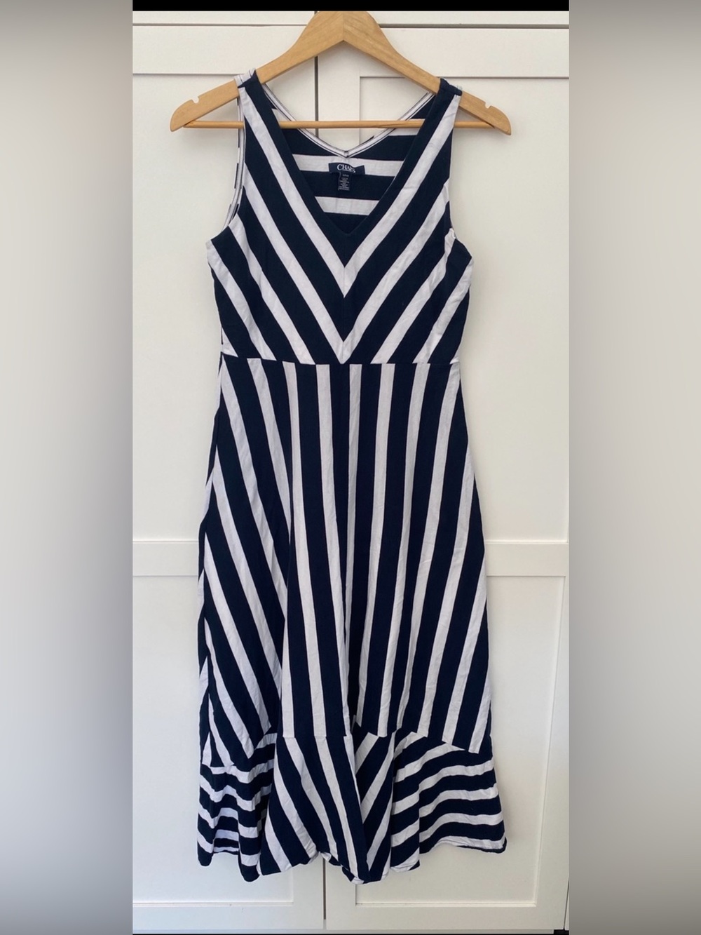 Chaps Navy White Chevron V-Neck Nautical Tiered Maxi Dress Size S Coastal Preppy - Picture 1 of 7